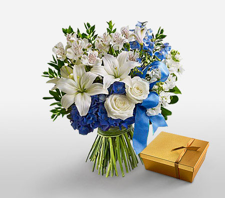 Cool Splash-Blue,Mixed,White,Chocolate,Mixed Flower,Orchid,Rose,Bouquet