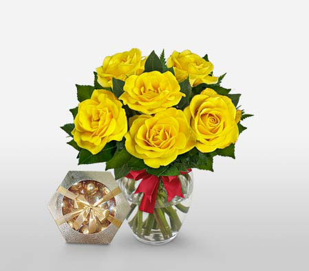 Sunshine - 6 Yellow Roses-Yellow,Chocolate,Rose,Bouquet