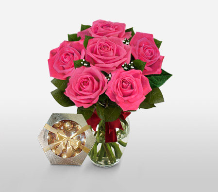 Blushing Secret- 6 Pink Roses 
Free Chocolates-Pink,Chocolate,Rose,Bouquet