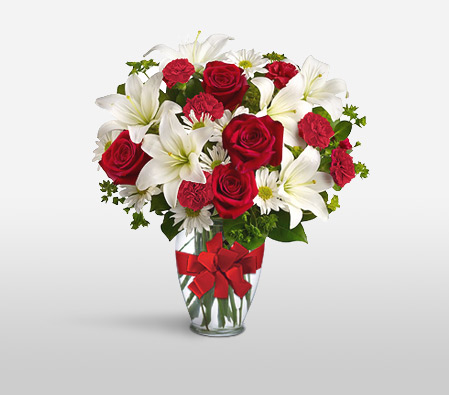 Dawning Glory-Mixed,Red,White,Lily,Rose,Arrangement