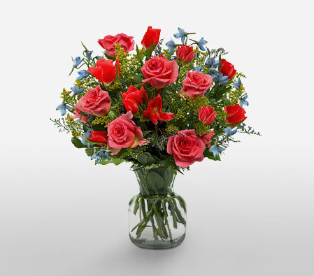 Lush Opulence - Pink Flowers-Blue,Mixed,Pink,Red,Mixed Flower,Rose,Arrangement