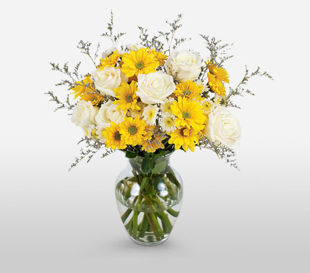 Sunshine Fields-White,Yellow,Daisy,Gerbera,Rose,Arrangement