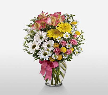 Magical Aura - Birthday Blooms-Mixed,Pink,White,Yellow,Mixed Flower,Lily,Chrysanthemum,Carnation,Arrangement