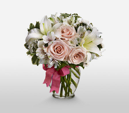 Floral Hues-Mixed,Peach,Pink,White,Rose,Mixed Flower,Lily,Alstroemeria,Arrangement