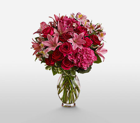 Crimson Beauty-Pink,Alstroemeria,Hydrangea,Lily,Rose,Arrangement