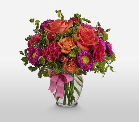Eternal Promise - Mixed Flowers In Vase-Mixed,Orange,Pink,Red,Rose,Carnation,Arrangement