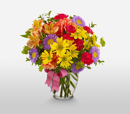 Summer Blossoms-Mixed,Orange,Purple,Red,Yellow,Alstroemeria,Carnation,Chrysanthemum,Mixed Flower,Arrangement