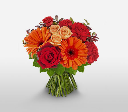Majestic Colorful Bouquet-Mixed,Orange,Peach,Red,Carnation,Daisy,Gerbera,Mixed Flower,Rose,Bouquet