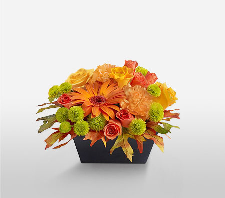 Autumn Flower Basket-Green,Orange,Yellow,Carnation,Chrysanthemum,Gerbera,Rose,Arrangement