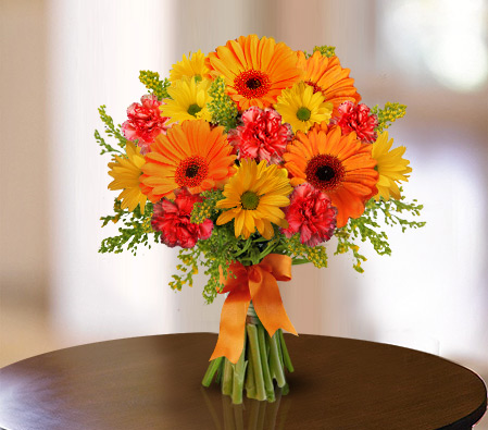 Boo-Loon Bouquet-Orange,Yellow,Carnation,Chrysanthemum,Gerbera,Bouquet