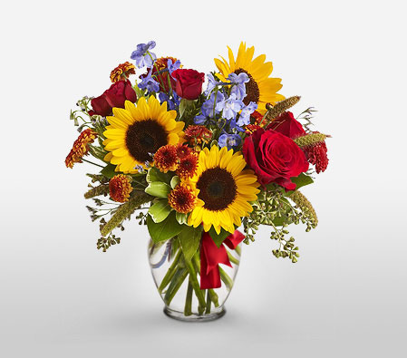 Elements Of Elegance-Mixed,Orange,Red,Yellow,Chrysanthemum,Mixed Flower,Rose,SunFlower,Arrangement