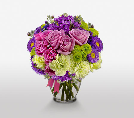 Gembellishment-Green,Lavender,Mixed,Pink,Purple,Rose,Mixed Flower,Iris,Chrysanthemum,Carnation,Arrangement