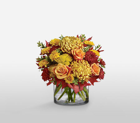 Colors Of Dusk-Mixed,Orange,Red,Chrysanthemum,Mixed Flower,Rose,Arrangement