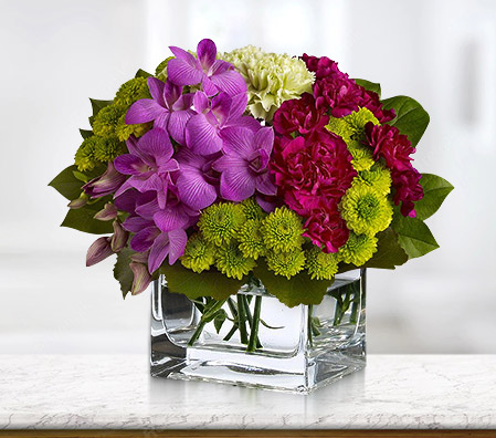 Tete A Tete-Green,Lavender,Mixed,Purple,Red,Orchid,Chrysanthemum,Carnation,Arrangement