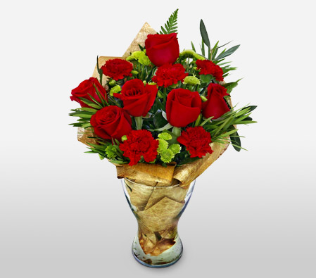 Anniversary Roses-Green,Red,White,Carnation,Rose,Arrangement