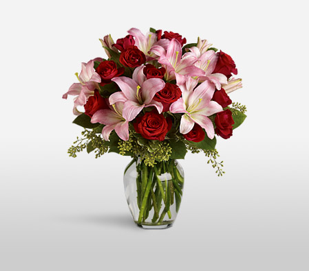 Love And Romance-Pink,Red,Lily,Mixed Flower,Rose,Bouquet