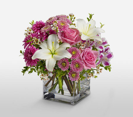 Sovereign Resplendence-Pink,White,Alstroemeria,Chrysanthemum,Lily,Mixed Flower,Rose,Arrangement