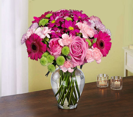 Mixed Flower Arrangement-Green,Mixed,Pink,Red,Carnation,Mixed Flower,Rose,Arrangement