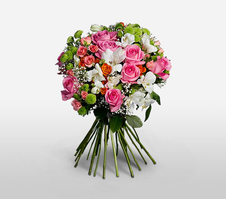 Berry Floss-Green,Mixed,Orange,Pink,White,Alstroemeria,Mixed Flower,Rose,Bouquet