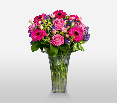 Mixed Pink Flowers-Lavender,Pink,Gerbera,Mixed Flower,Rose,Arrangement