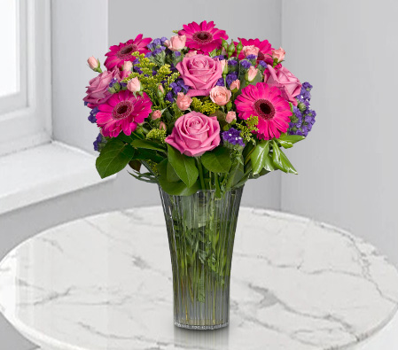 Mixed Pink Flowers-Lavender,Pink,Gerbera,Mixed Flower,Rose,Arrangement