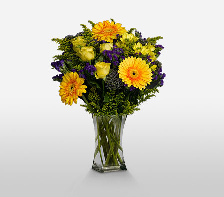 Sunny Blooms-Mixed,Purple,Yellow,Rose,Gerbera,Arrangement