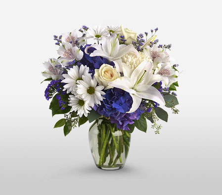 Posh-Blue,White,Alstroemeria,Chrysanthemum,Lily,Mixed Flower,Rose,Arrangement