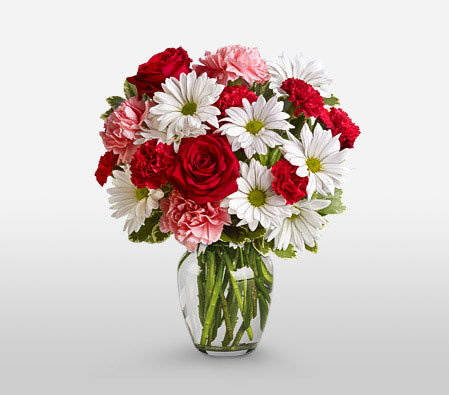 Charming Mixed Flowers-Mixed,Pink,Red,White,Carnation,Daisy,Gerbera,Mixed Flower,Rose,Arrangement