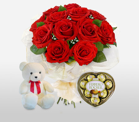 Valentines Surprise-Green,Red,Chocolate,Rose,Teddy,Bouquet
