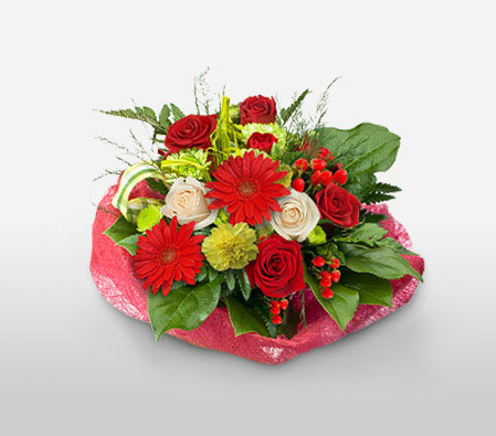Christmas Wishes-Green,Mixed,Red,White,Carnation,Daisy,Gerbera,Mixed Flower,Rose,Bouquet