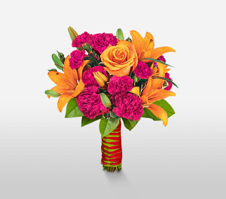 Bello Blooms-Orange,Pink,Carnation,Lily,Rose,Bouquet