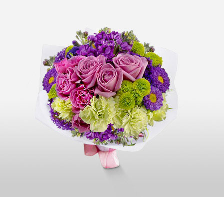 Glamour-Blue,Green,Lavender,Mixed,Purple,Violet,Carnation,Mixed Flower,Rose,Bouquet