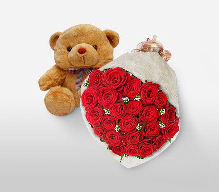 A Loving Kiss-Red,Rose,Teddy,Bouquet