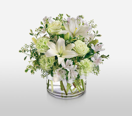Silver And Green-Green,White,Alstroemeria,Carnation,Lily,Mixed Flower,Rose,Arrangement