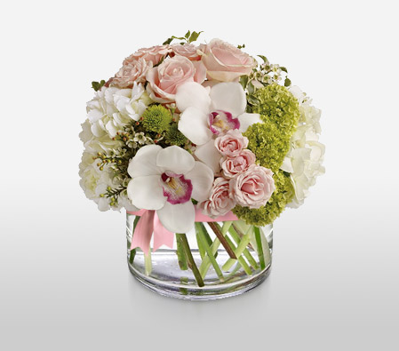 Grace-Green,Mixed,Pink,White,Chrysanthemum,Hydrangea,Mixed Flower,Orchid,Rose,Arrangement