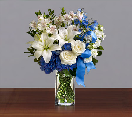 A Touch Of Blue-Blue,White,Hydrangea,Lily,Mixed Flower,Rose,Arrangement