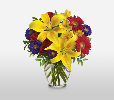 Spectacular-Mixed,Purple,Red,Yellow,Alstroemeria,Daisy,Gerbera,Lily,Mixed Flower,Rose,Arrangement