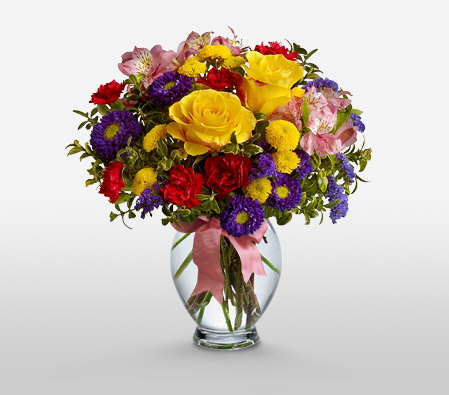 Felicity-Mixed,Pink,Purple,Red,Violet,Yellow,Alstroemeria,Carnation,Chrysanthemum,Mixed Flower,Rose,Arrangement