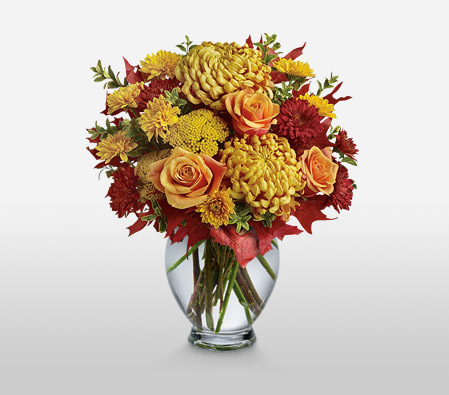 Colors Of Dusk-Red,Yellow,Chrysanthemum,Mixed Flower,Rose,Arrangement