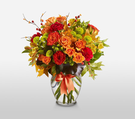 Seraphic Seasons-Green,Mixed,Orange,Red,Yellow,Alstroemeria,Carnation,Chrysanthemum,Mixed Flower,Rose,Arrangement