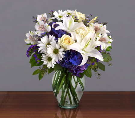 Posh-Blue,Purple,Violet,White,Alstroemeria,Hydrangea,Lily,Mixed Flower,Rose,Arrangement