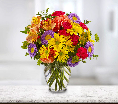 Spring Wonder-Mixed,Orange,Purple,Yellow,Alstroemeria,Carnation,Chrysanthemum,Daisy,Gerbera,Mixed Flower,Arrangement