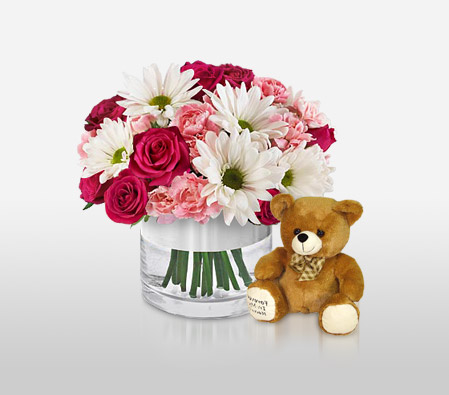 Bliss-Mixed,Pink,Red,White,Carnation,Daisy,Mixed Flower,Rose,Teddy,Arrangement