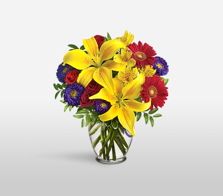 Spectacular-Mixed,Purple,Red,Yellow,Alstroemeria,Gerbera,Lily,Mixed Flower,Rose,Arrangement