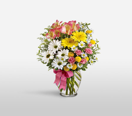 Majestic Birthday Flowers-Mixed,Pink,White,Yellow,Carnation,Chrysanthemum,Daisy,Lily,Mixed Flower,Arrangement