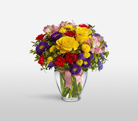 Felicity-Mixed,Pink,Purple,Red,Yellow,Alstroemeria,Carnation,Chrysanthemum,Mixed Flower,Rose,Bouquet