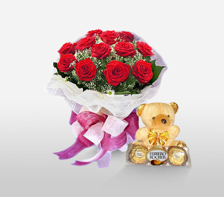 Sweet Sensation-Red,Chocolate,Rose,Teddy,Bouquet