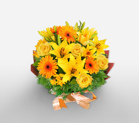 Mespelbrunn-Green,Orange,Yellow,Daisy,Gerbera,Lily,Mixed Flower,Rose,Bouquet