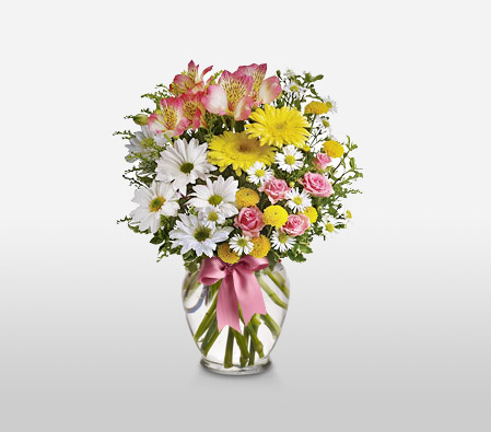 Magnificence In Miniature-Mixed,Pink,White,Yellow,Carnation,Chrysanthemum,Daisy,Gerbera,Lily,Mixed Flower,Arrangement