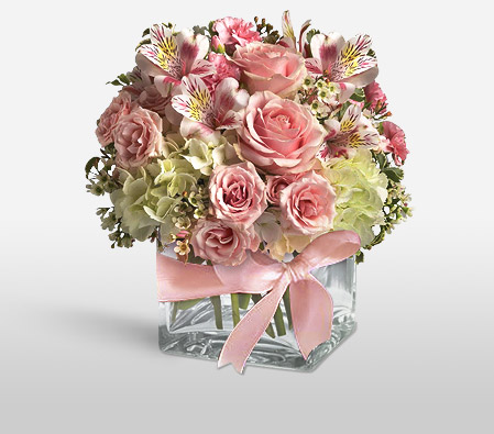 Fresh Mixed Flowers In Cube-Mixed,Pink,White,Carnation,Hydrangea,Mixed Flower,Rose,Arrangement